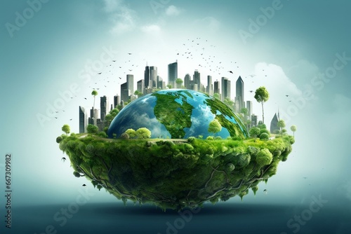 Illustration depicting a sustainable world with advanced environmental solutions. Generative AI