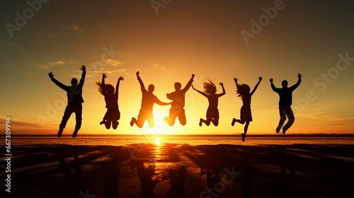 silhouettes of people jumping on the beach