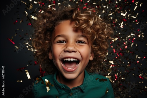 A cheerful kid in winter sweater surrounded by falling confetti on a minimal color background