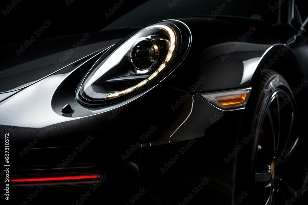 Close-up of a modern car's LED headlight against a black background, with empty space. Generative AI