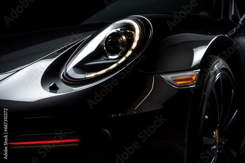 Close-up of a modern car's LED headlight against a black background, with empty space. Generative AI © Emmett