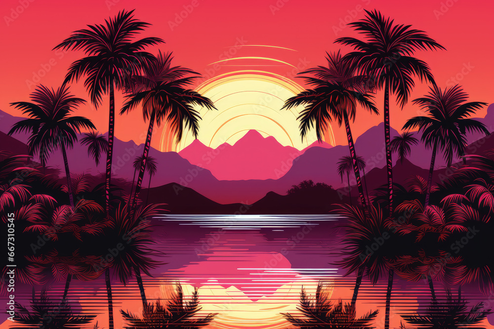 Synthwave style tropical sunset scene