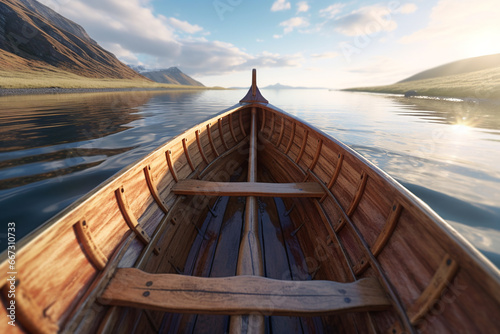 A wooden boat sails along the coast of Iceland. View from the boat at spring sunny weather in the north. POV wooden boat. Generative AI