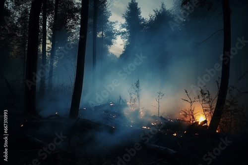 Forest fire in progress. Fire. Large flames. a threat to our environment. massive wildfire or forest fire with burning trees and orange smoke. Generative AI.