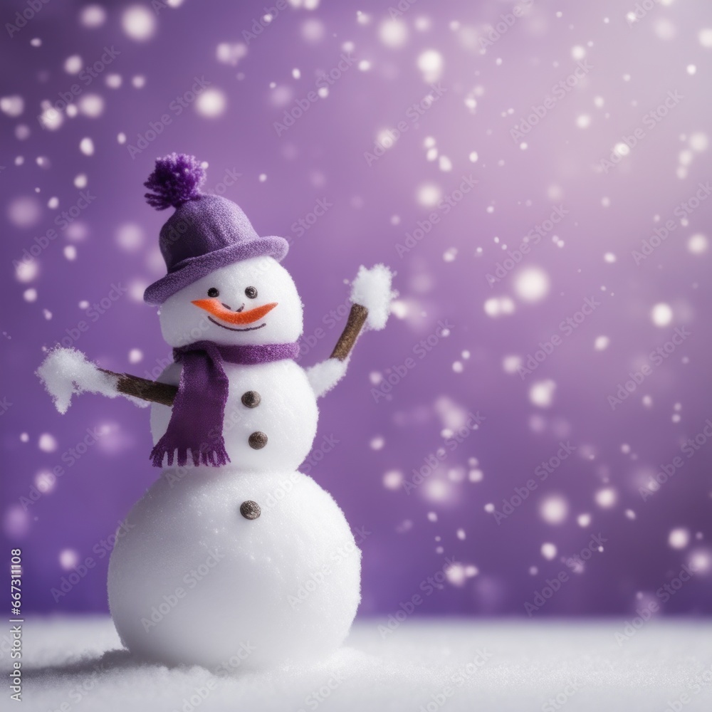Cute snowman wearing purple scarf on a snowy area and bokeh light background