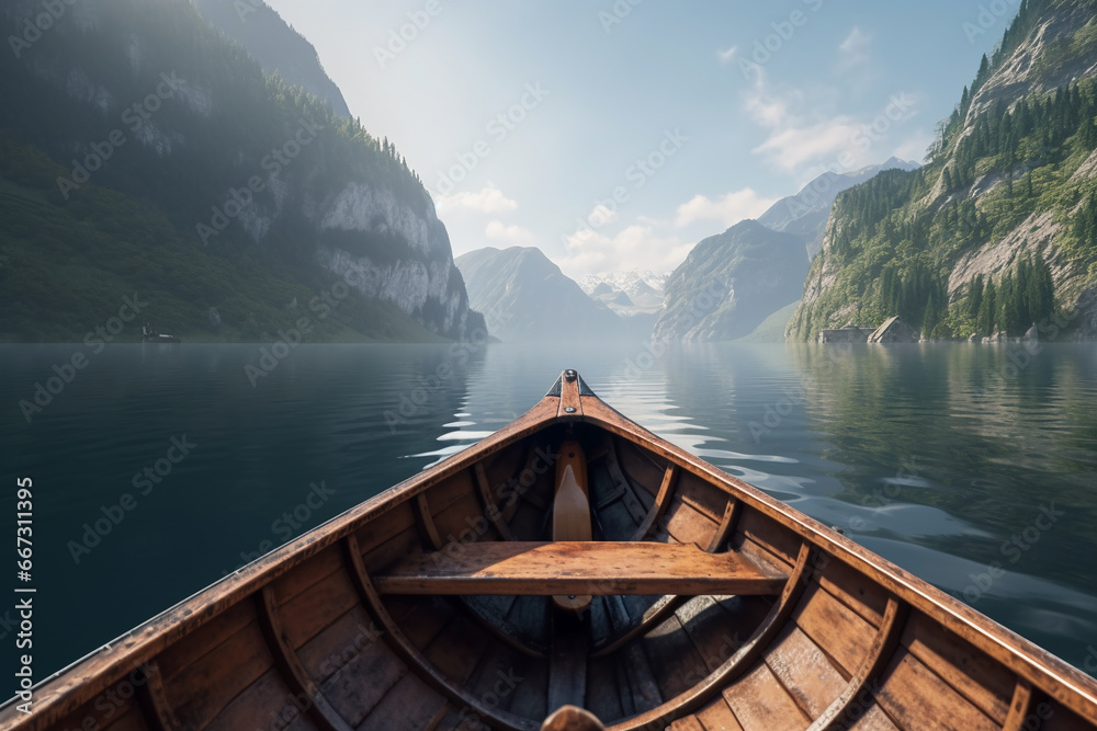 a wooden boat floats along a mountain river in sunny spring weather. View from the boat at spring sunny weather in the north. POV wooden boat. Generative AI