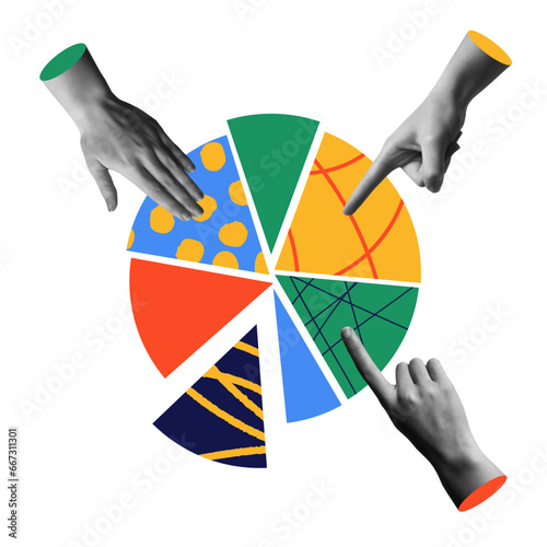 Circle chart hand together equality concept in retro collage vector illustration