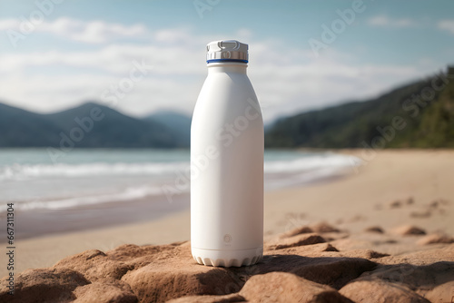 A fresh blank drink bottle on bach sand