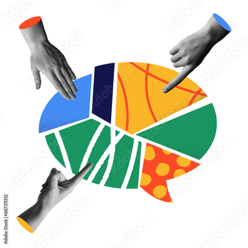 Teamwork with chat bubble and hands in retro collage vector style