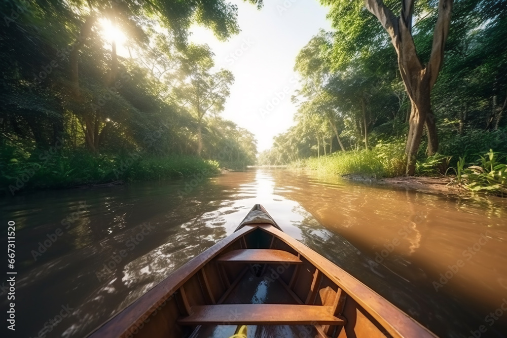Fototapeta premium Sailing in a boat through the flooded forest in Amazon. View from the boat at Amazon river, with a dense forest on the shore and blue sky. POV wooden boat. Generative AI