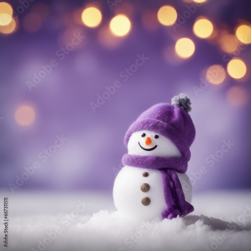 Cute snowman wearing purple scarf on a snowy area and bokeh light background