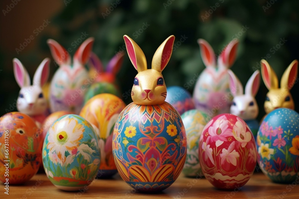 Easter customs: vibrant eggs & fun rabbit. Generative AI