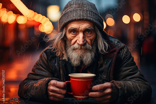 Social economic help problems concept. Portrait of senior old homeless man depressed looking into camera, feeling anxious holding red cup with warm drink
