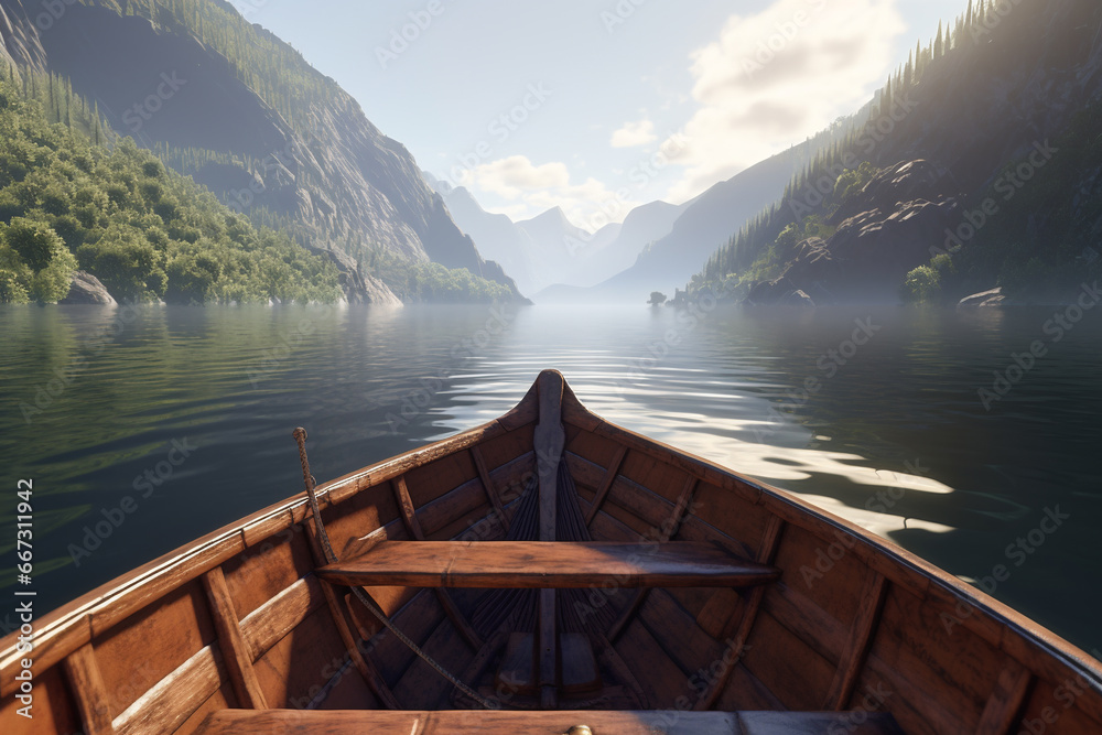 a wooden boat floats along a mountain river in sunny spring weather. View from the boat at spring sunny weather in the north. POV wooden boat. Generative AI