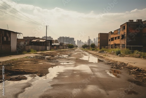 Desolate roads within an impoverished urban area. Generative AI