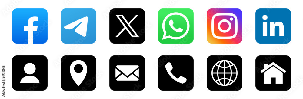 Social media icons and contact iconSocial media logo.Contact us icon