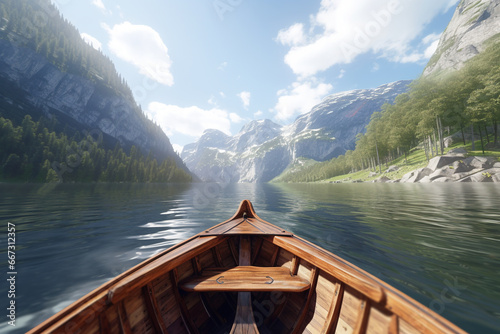 a wooden boat floats along a mountain river in sunny spring weather. View from the boat at spring sunny weather in the north. POV wooden boat. Generative AI