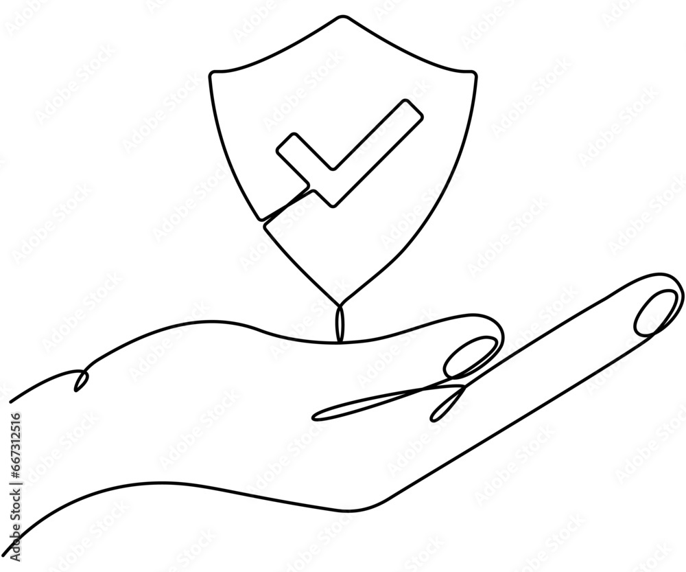 Continuous line drawing of hand holding shield badge. Approval check ...