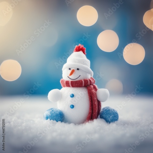 Cute snowman wearing red scarf on a snowy area and bokeh light background © shaadjutt36