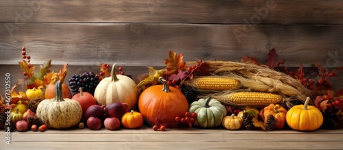 Fall themed Thanksgiving table with seasonal produce on wooden surface