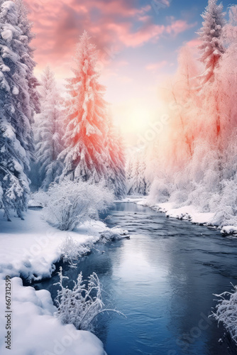 Beautiful winter landscape, covered trees, iced river © Guido Amrein