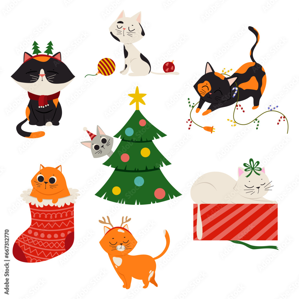 Obraz premium Set of Christmas clipart with cute cats on white background