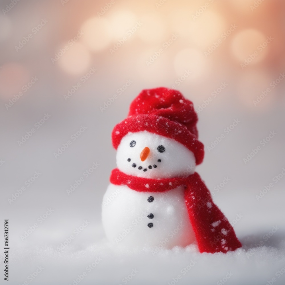 Cute snowman wearing red scarf on a snowy area and bokeh light background