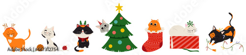 Set of Christmas clipart with cute cats on white background