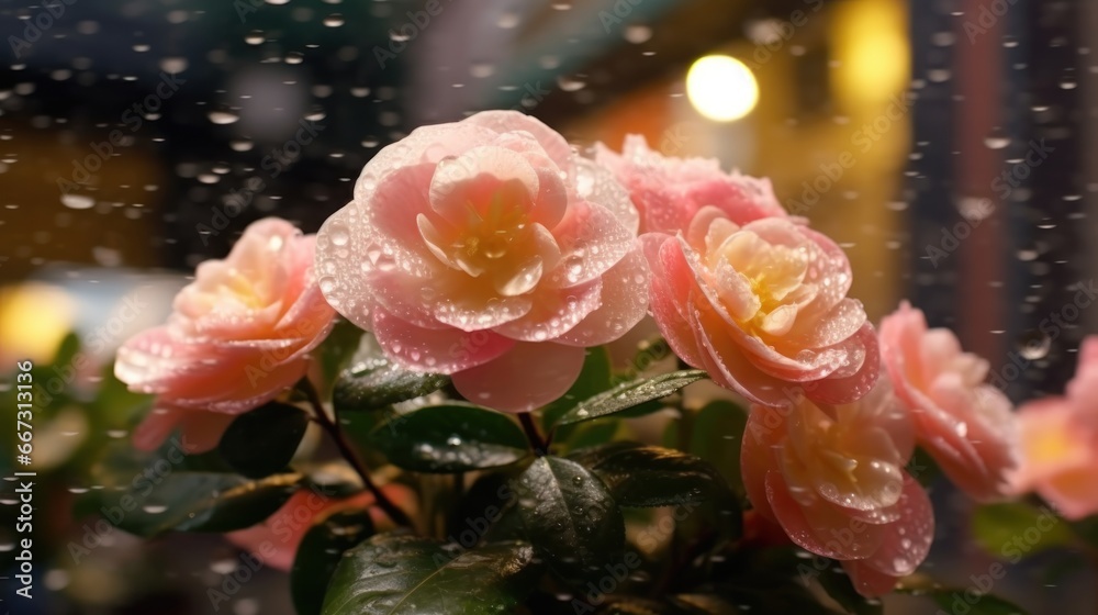 Camellia flowers in the rain with bokeh background. Camellia Flower. Mother's day concept with a space for a text. Valentine day concept with a copy space.