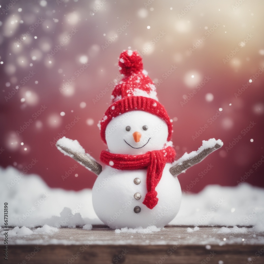 Fototapeta premium Cute snowman wearing red scarf on a snowy area and bokeh light background