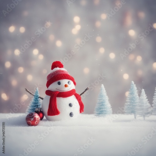 Cute snowman wearing red scarf on a snowy area and bokeh light background © shaadjutt36