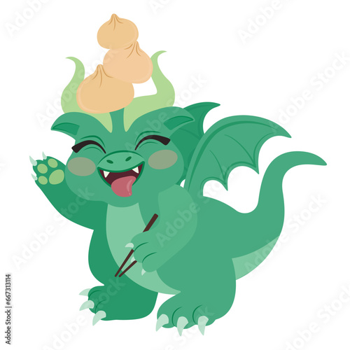 Cute little dragon with Chinese chopsticks and baozi on white background