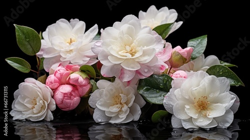 Beautiful white and pink camellia flowers isolated on black background. Camellia Flower. Mother's day concept with a space for a text. Valentine day concept with a copy space.