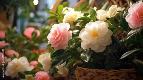 Beautiful white and pink camellia flowers in a basket. Camellia Flower. Mother's day concept with a space for a text. Valentine day concept with a copy space. © John Martin