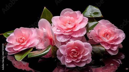Beautiful pink camellia flowers with water drops on black background. Camellia Flower. Mother's day concept with a space for a text. Valentine day concept with a copy space.