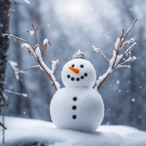 A Cute snowman on a snowy area and bokeh snow background © shaadjutt36