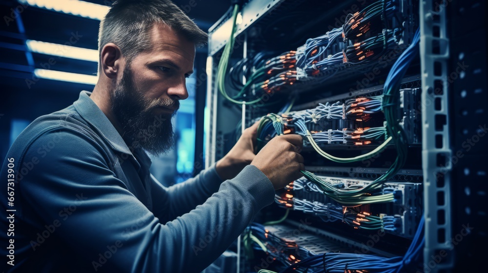 Side view portrait of young man wearing glasses connecting cables in ...