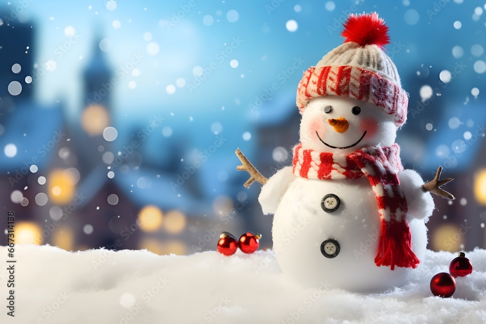 Christmas blue bokeh background with white snowman weraed in a warm hat and scarf Christmas blue bokeh background with white snowman weraed in a warm hat and scarf