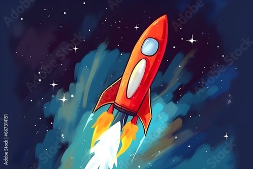 Rockete in night space cartoon illustration
