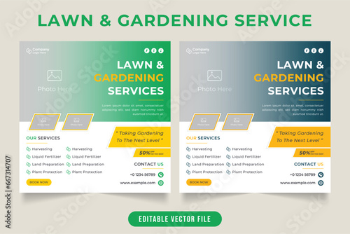 Lawn and gardening social media post design with green and yellow colors. Modern farming business promotional web banner vector with photo placeholders. Garden cleaning service marketing template.