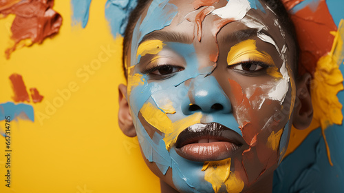 A woman with colorful paint covering her face
