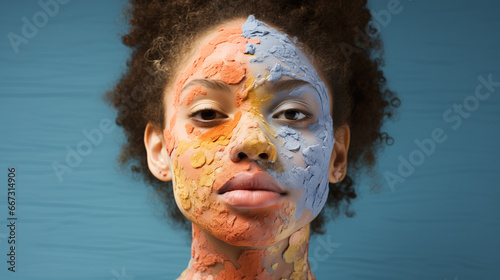 A woman with colorful paint covering her face