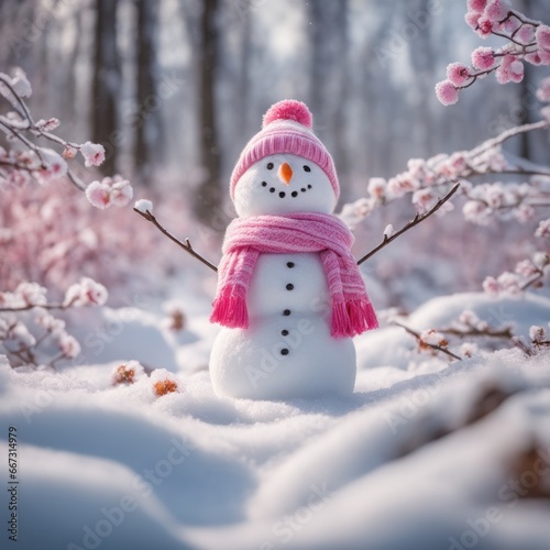 A Cute snowman wearing a pink scarf on a snowy area and bokeh snowy background © shaadjutt36