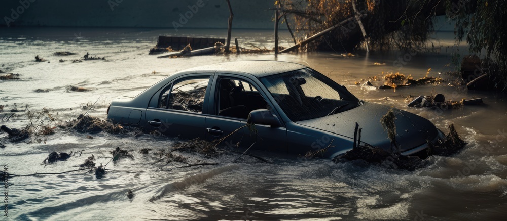 Fototapeta premium Car submerged in river due to flooding