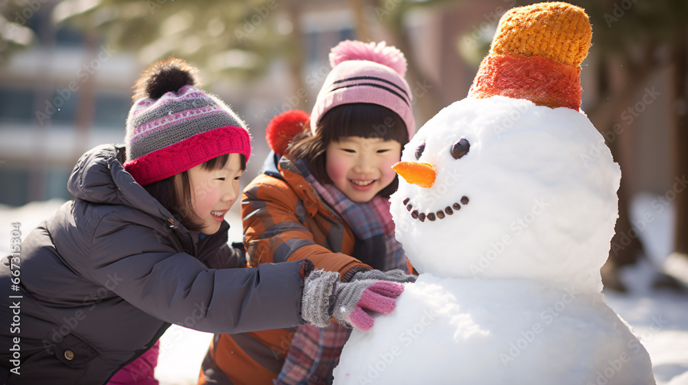 Children building snowman in park with big snow blanket 