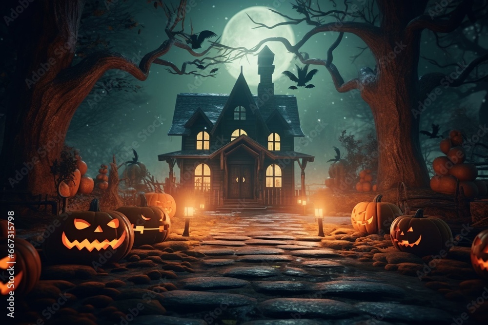 Illustration of spooky Halloween scene, perfect for advertising and wallpaper. Decorative 3D rendering. Generative AI