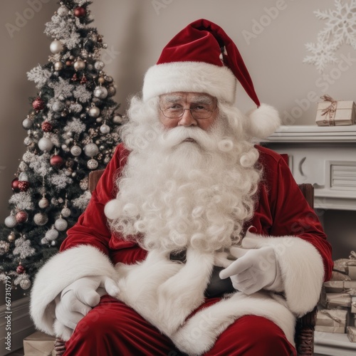 Santa Claus in a living room with decorated Christmas tree with christmas ornamet and gift box