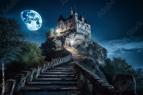 A castle with a stairway under a moonlit sky. Generative AI © Aeris