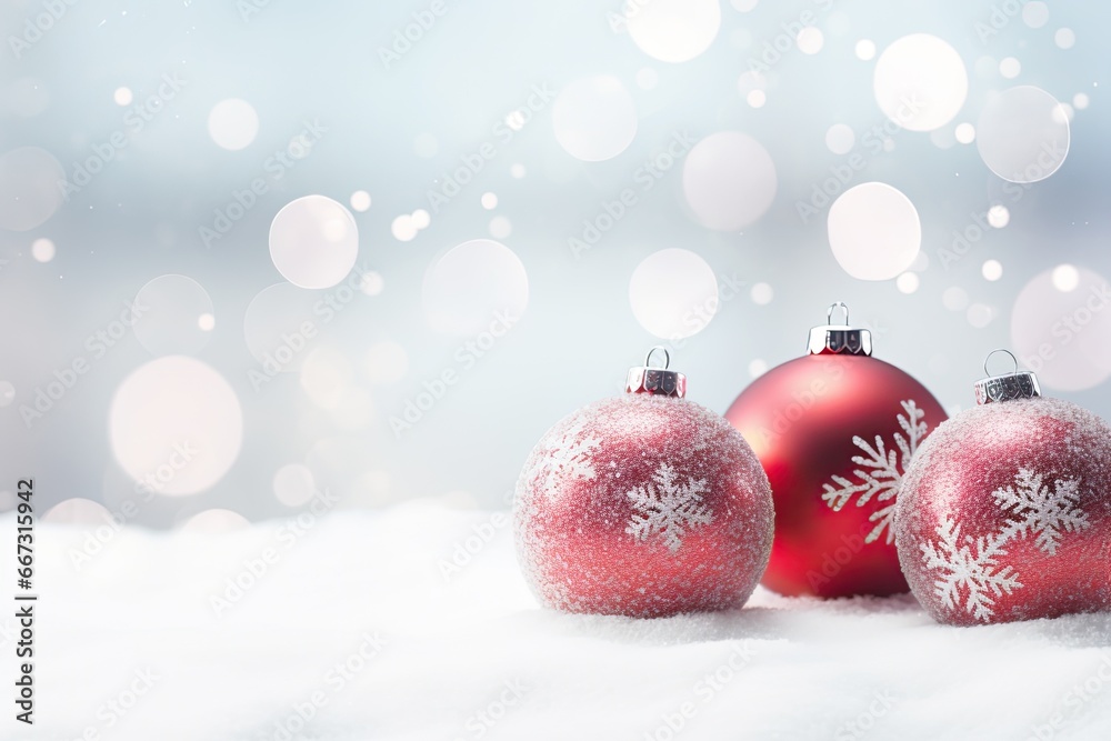 Christmas balls in the snow with bokeh lights in the background. Christmas balls in the snow with bokeh lights in the background.