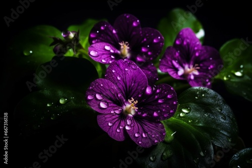 zoomed purple flowers, water droplets, green leaves, dark background, black background. Generative AI